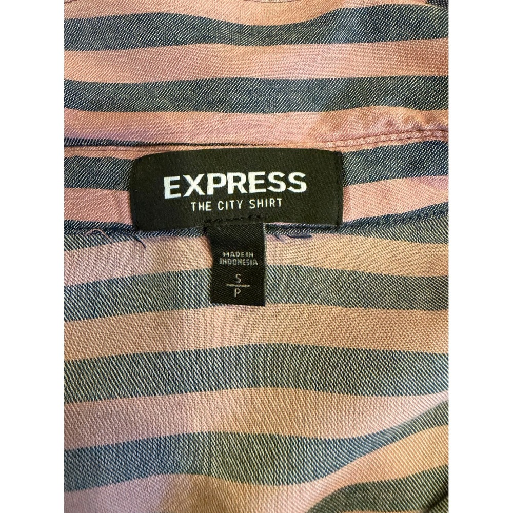 Express Womens Pink Navy Blue Striped Small Button Down Top Office Work Casual - Picture 3 of 6